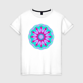 Женская футболка хлопок с принтом Мандала цветочная в Белгороде, 100% хлопок | прямой крой, круглый вырез горловины, длина до линии бедер, слегка спущенное плечо | Тематика изображения на принте: 