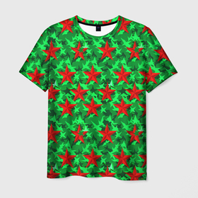 Мужская футболка 3D с принтом Красные звезды победы на зеленом камуфляже в Екатеринбурге, 100% полиэфир | прямой крой, круглый вырез горловины, длина до линии бедер | 