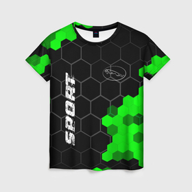 Женская футболка 3D с принтом Jaguar green sport hexagon в Тюмени, 100% полиэфир ( синтетическое хлопкоподобное полотно) | прямой крой, круглый вырез горловины, длина до линии бедер | 