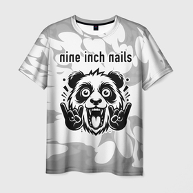 Мужская футболка 3D с принтом Nine Inch Nails рок панда на светлом фоне в Новосибирске, 100% полиэфир | прямой крой, круглый вырез горловины, длина до линии бедер | 
