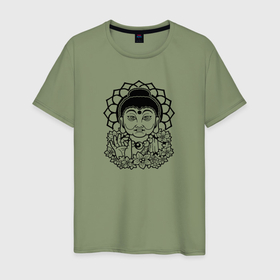 Мужская футболка хлопок с принтом Легендарный Будда с цветами в Тюмени, 100% хлопок | прямой крой, круглый вырез горловины, длина до линии бедер, слегка спущенное плечо. | 