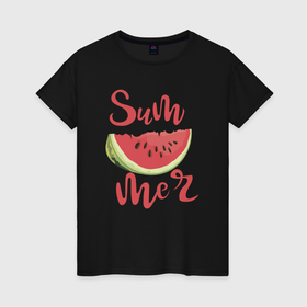 Женская футболка хлопок с принтом Summer watermelon в Петрозаводске, 100% хлопок | прямой крой, круглый вырез горловины, длина до линии бедер, слегка спущенное плечо | 