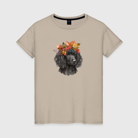 Женская футболка хлопок с принтом Пудель черный осенний арт в Курске, 100% хлопок | прямой крой, круглый вырез горловины, длина до линии бедер, слегка спущенное плечо | 