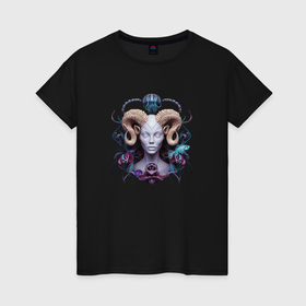 Женская футболка хлопок с принтом Девушка демон в Курске, 100% хлопок | прямой крой, круглый вырез горловины, длина до линии бедер, слегка спущенное плечо | 