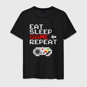 Мужская футболка хлопок с принтом Eat sleep game repeat lettering в Петрозаводске, 100% хлопок | прямой крой, круглый вырез горловины, длина до линии бедер, слегка спущенное плечо. | 