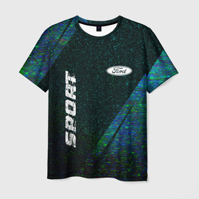Мужская футболка 3D с принтом Ford sport glitch blue в Санкт-Петербурге, 100% полиэфир | прямой крой, круглый вырез горловины, длина до линии бедер | Тематика изображения на принте: 
