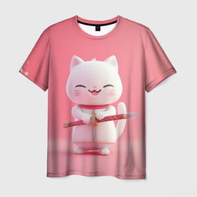 Мужская футболка 3D с принтом Игрушечный белый кот с копьем , 100% полиэфир | прямой крой, круглый вырез горловины, длина до линии бедер | 