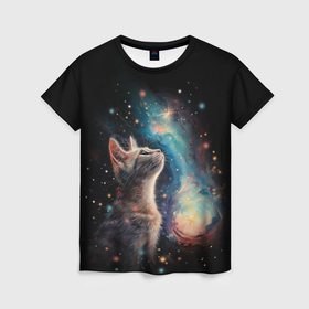 Женская футболка 3D с принтом Котик смотрит на небо космоса , 100% полиэфир ( синтетическое хлопкоподобное полотно) | прямой крой, круглый вырез горловины, длина до линии бедер | Тематика изображения на принте: 