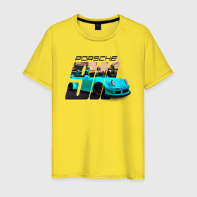 Мужская футболка хлопок с принтом Немецкий спортивный автомобиль Порше в Тюмени, 100% хлопок | прямой крой, круглый вырез горловины, длина до линии бедер, слегка спущенное плечо. | 
