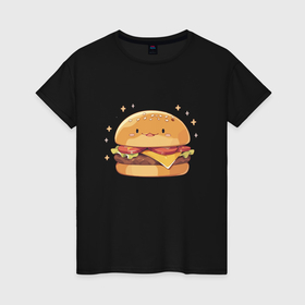 Женская футболка хлопок с принтом Милый гамбургер в Петрозаводске, 100% хлопок | прямой крой, круглый вырез горловины, длина до линии бедер, слегка спущенное плечо | 