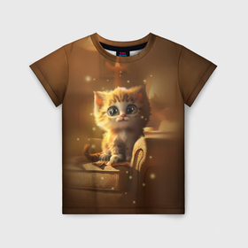 Детская футболка 3D с принтом Теплый котик , 100% гипоаллергенный полиэфир | прямой крой, круглый вырез горловины, длина до линии бедер, чуть спущенное плечо, ткань немного тянется | 