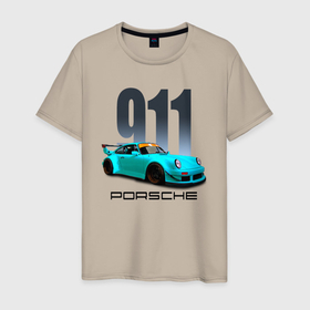 Мужская футболка хлопок с принтом Cпортивный автомобиль Porsche в Тюмени, 100% хлопок | прямой крой, круглый вырез горловины, длина до линии бедер, слегка спущенное плечо. | Тематика изображения на принте: 