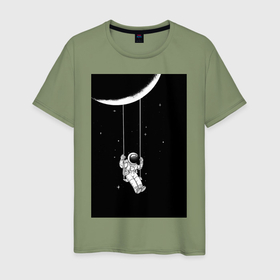 Мужская футболка хлопок с принтом Космонавт на качелях планета в Кировске, 100% хлопок | прямой крой, круглый вырез горловины, длина до линии бедер, слегка спущенное плечо. | 
