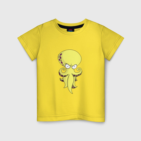 Детская футболка хлопок с принтом Осминожек жёлтый в Тюмени, 100% хлопок | круглый вырез горловины, полуприлегающий силуэт, длина до линии бедер | Тематика изображения на принте: 