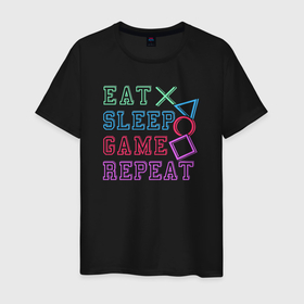 Мужская футболка хлопок с принтом Eat play sleep repeat lettering в Санкт-Петербурге, 100% хлопок | прямой крой, круглый вырез горловины, длина до линии бедер, слегка спущенное плечо. | 