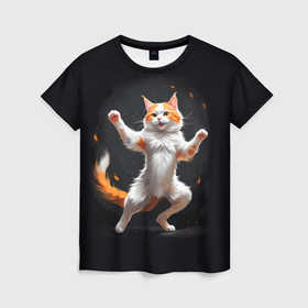 Женская футболка 3D с принтом Дерущийся бело рыжий кот в Тюмени, 100% полиэфир ( синтетическое хлопкоподобное полотно) | прямой крой, круглый вырез горловины, длина до линии бедер | 