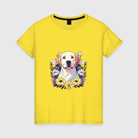 Женская футболка хлопок с принтом Лабрадор ретривер среди цветов в Екатеринбурге, 100% хлопок | прямой крой, круглый вырез горловины, длина до линии бедер, слегка спущенное плечо | 