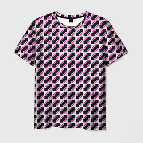 Мужская футболка 3D с принтом Чёрно розовые ячейки , 100% полиэфир | прямой крой, круглый вырез горловины, длина до линии бедер | 