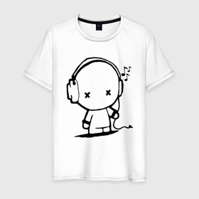 Мужская футболка хлопок с принтом Человечек в наушниках в Санкт-Петербурге, 100% хлопок | прямой крой, круглый вырез горловины, длина до линии бедер, слегка спущенное плечо. | 