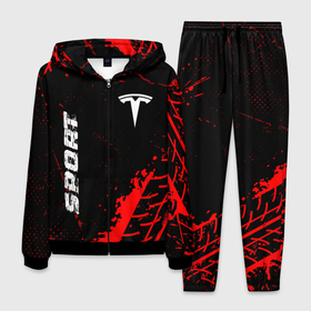 Мужской костюм 3D с принтом Tesla red sport tires в Санкт-Петербурге, 100% полиэстер | Манжеты и пояс оформлены тканевой резинкой, двухслойный капюшон со шнурком для регулировки, карманы спереди | 