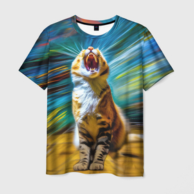 Мужская футболка 3D с принтом Кот вопиющий в пустыне в Петрозаводске, 100% полиэфир | прямой крой, круглый вырез горловины, длина до линии бедер | 