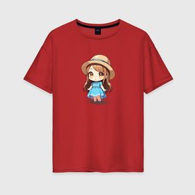 Женская футболка хлопок Oversize с принтом Девочка в шляпке в Петрозаводске, 100% хлопок | свободный крой, круглый ворот, спущенный рукав, длина до линии бедер
 | 