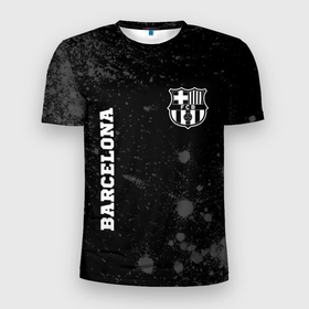 Мужская футболка 3D Slim с принтом Barcelona sport на темном фоне вертикально в Тюмени, 100% полиэстер с улучшенными характеристиками | приталенный силуэт, круглая горловина, широкие плечи, сужается к линии бедра | 
