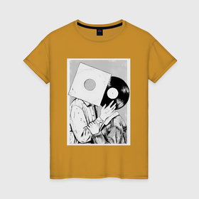 Женская футболка хлопок с принтом Поцелуй скрытый пластинкой в Кировске, 100% хлопок | прямой крой, круглый вырез горловины, длина до линии бедер, слегка спущенное плечо | 