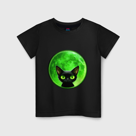 Детская футболка хлопок с принтом Черный кот в космосе в Белгороде, 100% хлопок | круглый вырез горловины, полуприлегающий силуэт, длина до линии бедер | Тематика изображения на принте: 