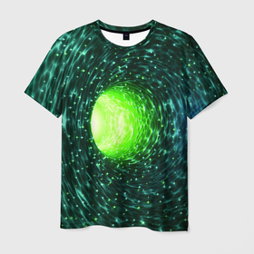 Мужская футболка 3D с принтом Червоточина   зеленый водоворот со свечением в Новосибирске, 100% полиэфир | прямой крой, круглый вырез горловины, длина до линии бедер | 