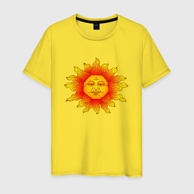 Мужская футболка хлопок с принтом Огненное солнце в Екатеринбурге, 100% хлопок | прямой крой, круглый вырез горловины, длина до линии бедер, слегка спущенное плечо. | 