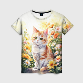 Женская футболка 3D с принтом Утрений котик в Екатеринбурге, 100% полиэфир ( синтетическое хлопкоподобное полотно) | прямой крой, круглый вырез горловины, длина до линии бедер | 
