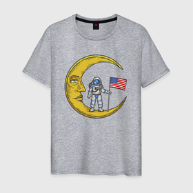 Мужская футболка хлопок с принтом USA on the moon в Белгороде, 100% хлопок | прямой крой, круглый вырез горловины, длина до линии бедер, слегка спущенное плечо. | 