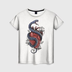 Женская футболка 3D с принтом Змея на сердце в Тюмени, 100% полиэфир ( синтетическое хлопкоподобное полотно) | прямой крой, круглый вырез горловины, длина до линии бедер | 
