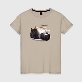 Женская футболка хлопок с принтом Мейн кун и чашка кофе в Белгороде, 100% хлопок | прямой крой, круглый вырез горловины, длина до линии бедер, слегка спущенное плечо | 