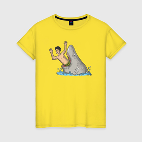 Женская футболка хлопок с принтом Остерегайся акул в Курске, 100% хлопок | прямой крой, круглый вырез горловины, длина до линии бедер, слегка спущенное плечо | 