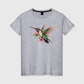 Женская футболка хлопок с принтом Колибри на цветке , 100% хлопок | прямой крой, круглый вырез горловины, длина до линии бедер, слегка спущенное плечо | 