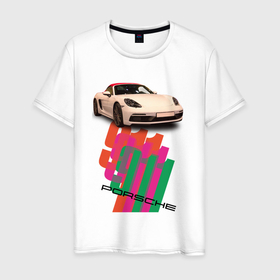 Мужская футболка хлопок с принтом Спортивный автомобиль Porsche 911 Turbo в Екатеринбурге, 100% хлопок | прямой крой, круглый вырез горловины, длина до линии бедер, слегка спущенное плечо. | Тематика изображения на принте: 