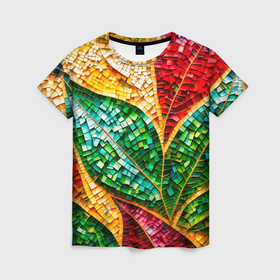 Женская футболка 3D с принтом Яркая мозаика с разноцветным абстрактным узором и мотивами листвы в Новосибирске, 100% полиэфир ( синтетическое хлопкоподобное полотно) | прямой крой, круглый вырез горловины, длина до линии бедер | 