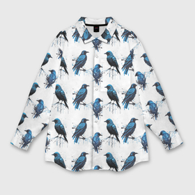 Женская рубашка oversize 3D с принтом Чёрно синие вороны и капли краски ,  |  | Тематика изображения на принте: 