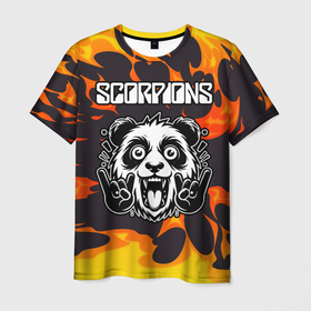 Мужская футболка 3D с принтом Scorpions рок панда и огонь в Курске, 100% полиэфир | прямой крой, круглый вырез горловины, длина до линии бедер | 