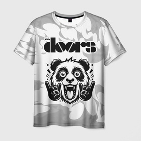 Мужская футболка 3D с принтом The Doors рок панда на светлом фоне в Петрозаводске, 100% полиэфир | прямой крой, круглый вырез горловины, длина до линии бедер | Тематика изображения на принте: 