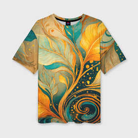 Женская футболка oversize 3D с принтом Золотые и бирюзовые листья абстракция ,  |  | 