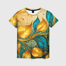 Женская футболка 3D с принтом Листья абстрактные золото и бирюза в Тюмени, 100% полиэфир ( синтетическое хлопкоподобное полотно) | прямой крой, круглый вырез горловины, длина до линии бедер | 