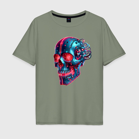 Мужская футболка хлопок Oversize с принтом Metal cyber skull   ai art в Тюмени, 100% хлопок | свободный крой, круглый ворот, “спинка” длиннее передней части | Тематика изображения на принте: 