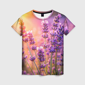 Женская футболка 3D с принтом Лаванда в цвету  на закате летним вечером в Петрозаводске, 100% полиэфир ( синтетическое хлопкоподобное полотно) | прямой крой, круглый вырез горловины, длина до линии бедер | 
