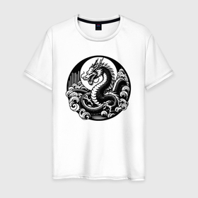 Мужская футболка хлопок с принтом Силуэт Китайского Дракона в Санкт-Петербурге, 100% хлопок | прямой крой, круглый вырез горловины, длина до линии бедер, слегка спущенное плечо. | Тематика изображения на принте: 