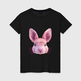 Женская футболка хлопок с принтом Розовый заяц   портрет кролика в Петрозаводске, 100% хлопок | прямой крой, круглый вырез горловины, длина до линии бедер, слегка спущенное плечо | 