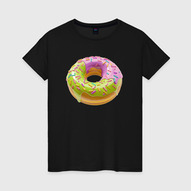 Женская футболка хлопок с принтом Сладкий пончик   вкусный донат в Екатеринбурге, 100% хлопок | прямой крой, круглый вырез горловины, длина до линии бедер, слегка спущенное плечо | 