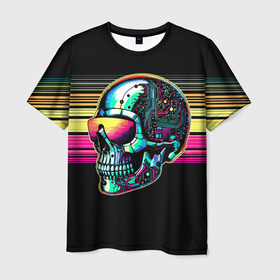 Мужская футболка 3D с принтом Cyber skull   ai art fantasy в Белгороде, 100% полиэфир | прямой крой, круглый вырез горловины, длина до линии бедер | 